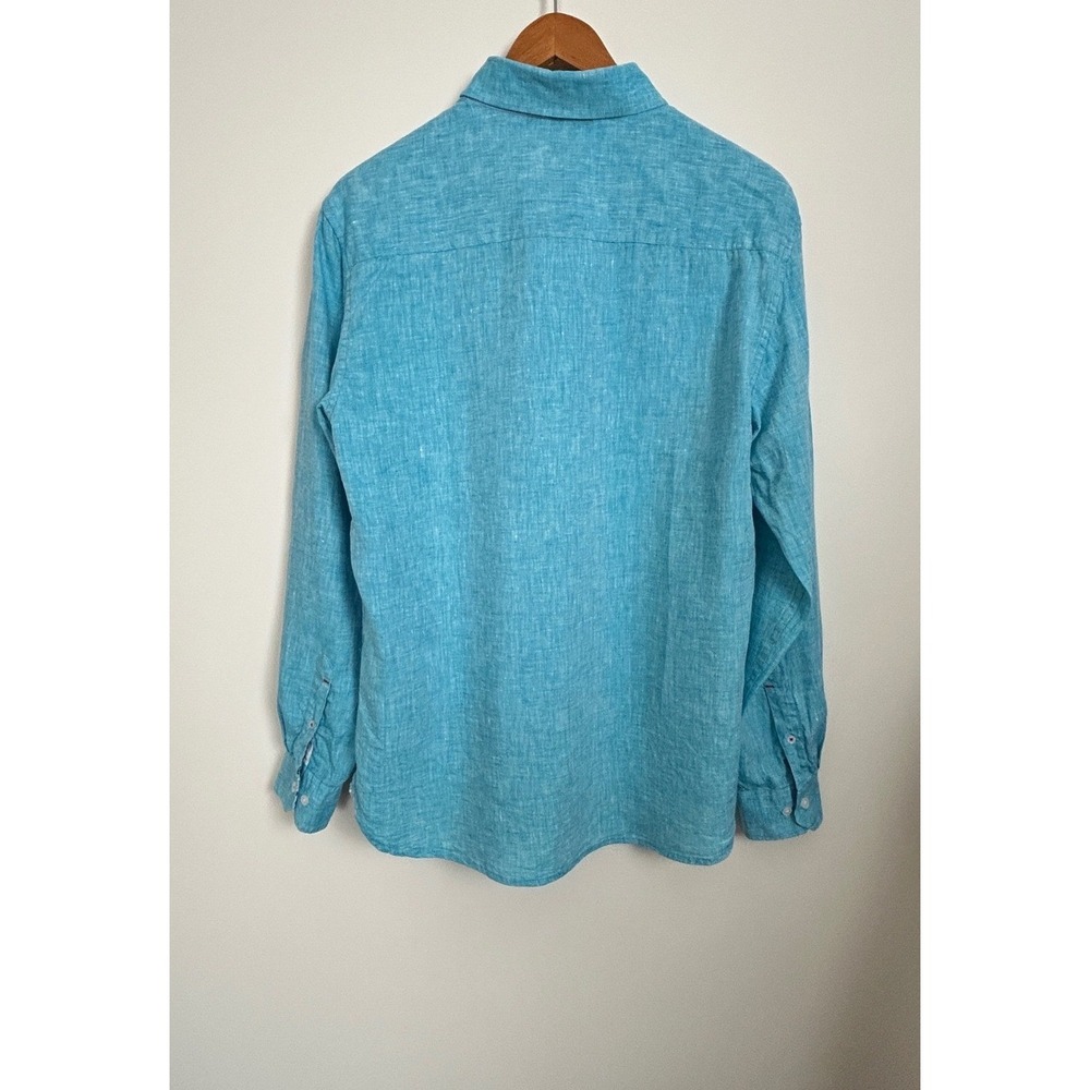 Tobias Linen Button Down Shirt Mens Medium Turquoise Long Sleeve Casual Vacation - Picture 2 of 16